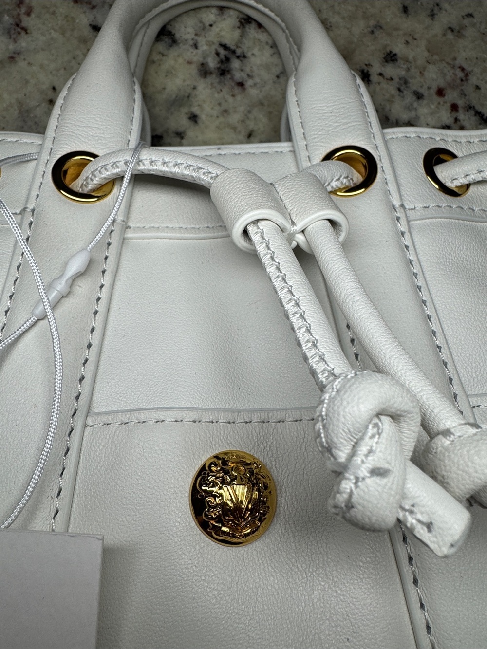 Veronica Beard “Mini Goody Bag” White Leather Drawstring Crossbody Bucket Bag. - Picture 6 of 16